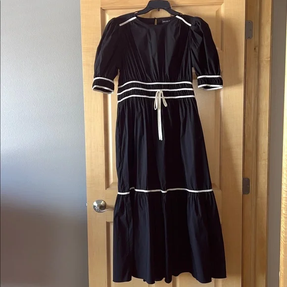 English Factory Bow with Puff Sleeve Midi Cotton Black Dress - Picture 3 of 8